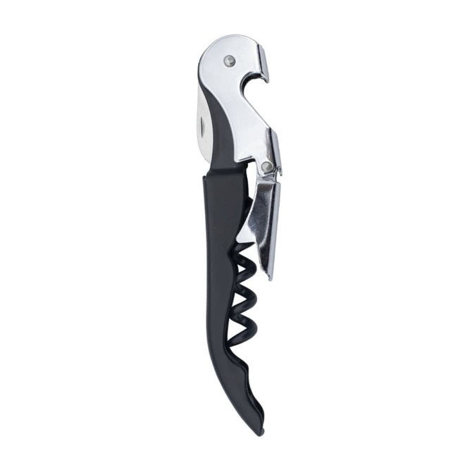A drink bottle opener featuring a black handle and silver metallic components, with a logo present on the surface.