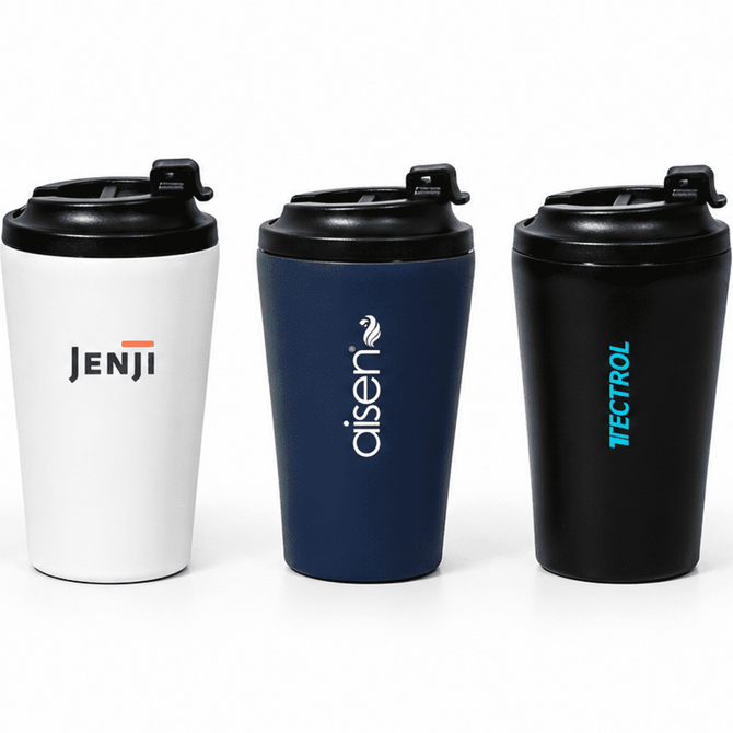 A travel cup set featuring three colours: white, navy, and black, each with a black lid and a logo.