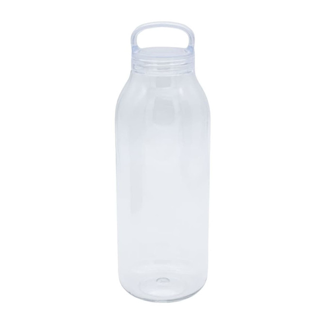 A drink bottle made of clear material with a handle, featuring a simple and sleek design.