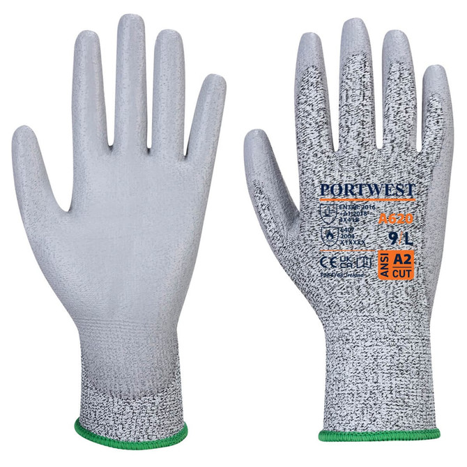 A pair of grey gloves with a textured surface and a green trim. The gloves are branded and feature a cut resistance rating.