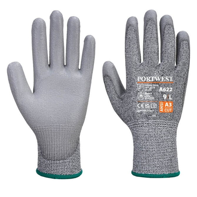 A pair of grey gloves with a textured finish, featuring a logo and an ANSI cut rating.