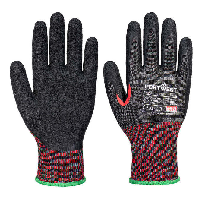 AHR13 F Dark Latex Cut Glove in black with a red and green knitted wrist cuff and a branding logo.