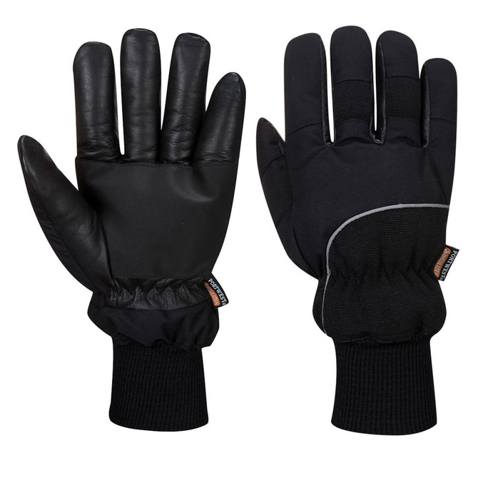 A pair of black gloves featuring a smooth exterior and elasticised cuffs for secure fit. Includes a brand logo.