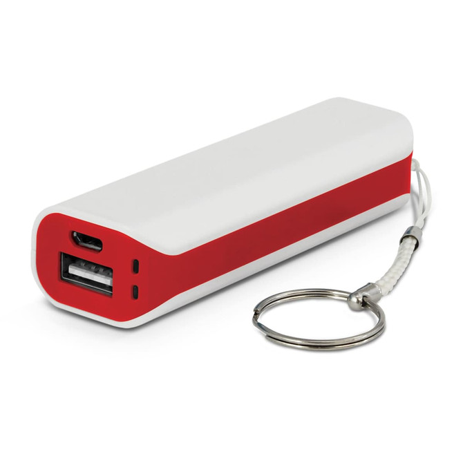 A red and white power bank with a keychain attachment and dual USB ports. It features a simple, sleek design.