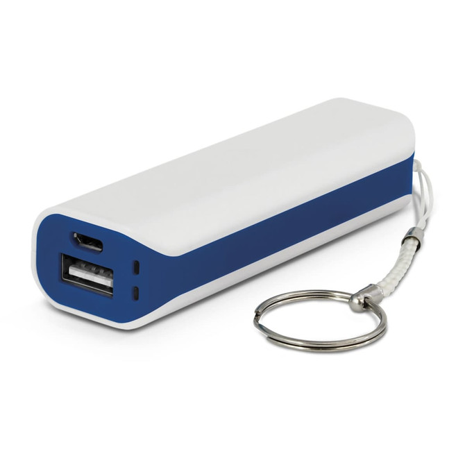 A power bank in white and blue, featuring one USB port and a keyring attachment.