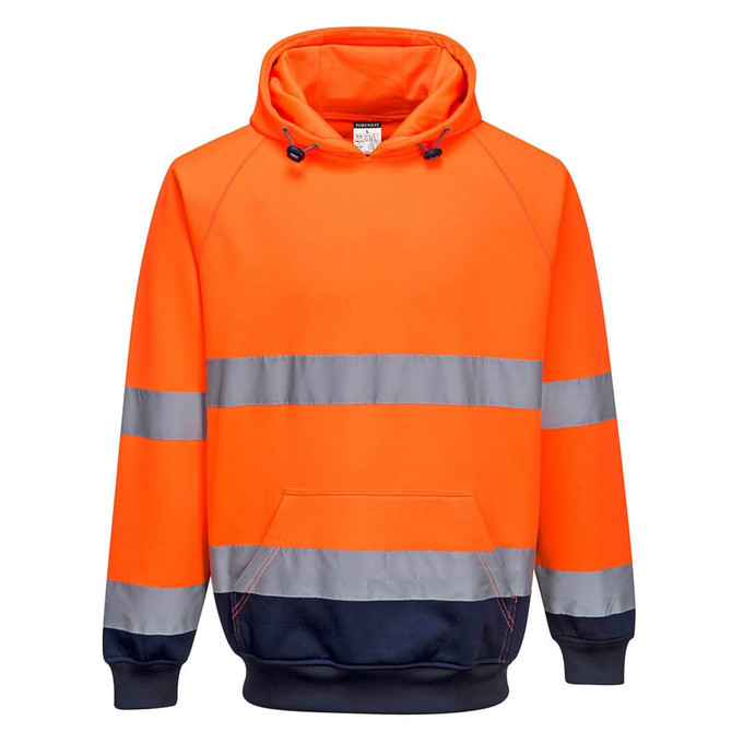 A bright orange hooded sweater with reflective stripes and a navy blue hem, featuring a front pocket and a logo.