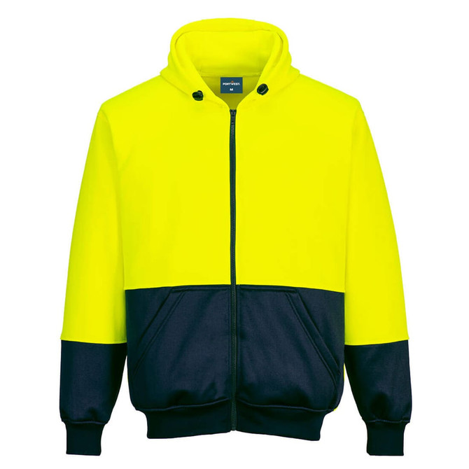 A bright yellow and navy two-tone zip hoodie featuring a hood and front pockets. It has a logo on the chest.