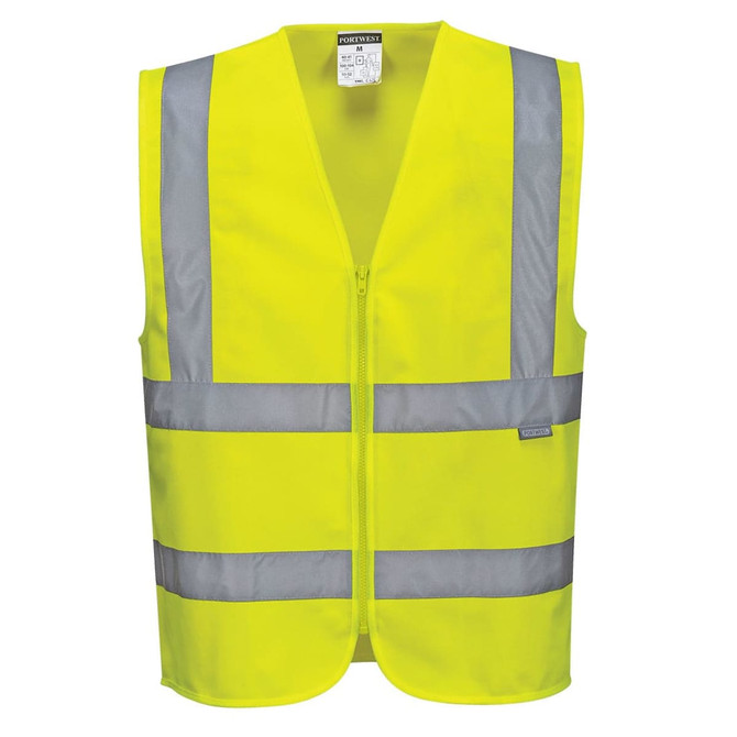 A bright yellow zipped vest with reflective grey stripes and a label. It has a sleeveless design suitable for workwear.
