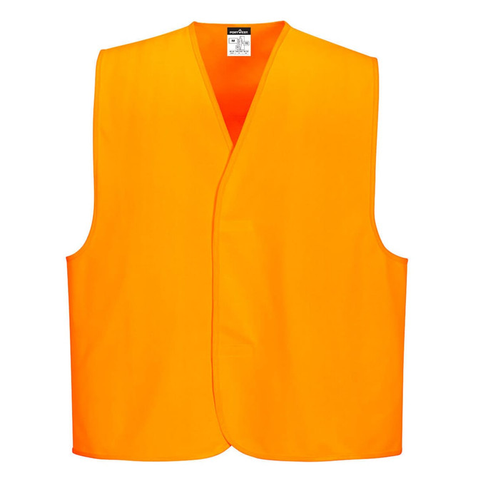 An orange hi-vis vest with a sleeveless design, featuring a simple cut and a label inside.