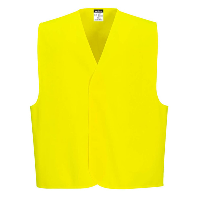 A bright yellow Hi-Vis vest with a simple sleeveless design and a label inside.