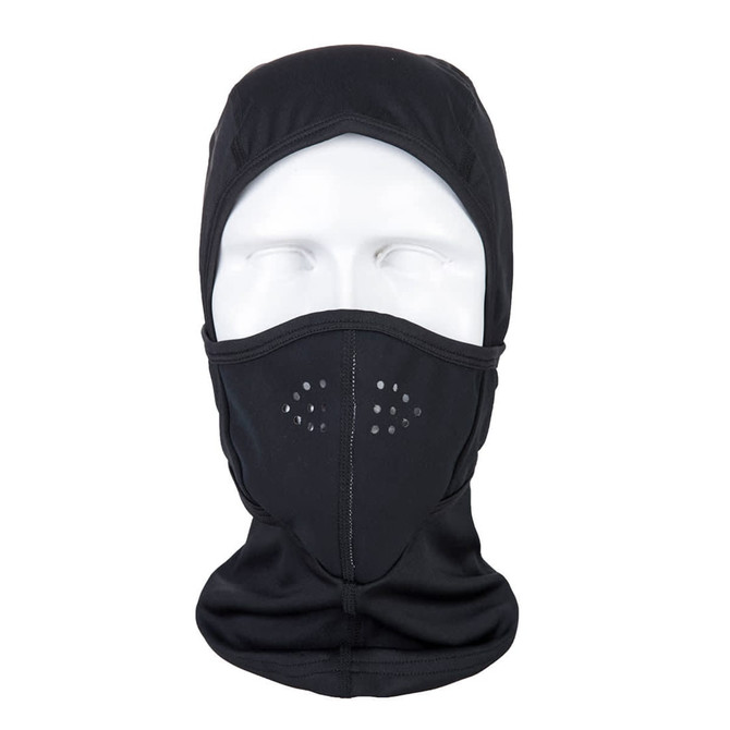 A black multiway balaclava featuring a fitted design and perforated sections for breathability.