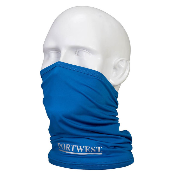 A blue anti-microbial multiway scarf displayed on a white mannequin head. It features a logo on the front.