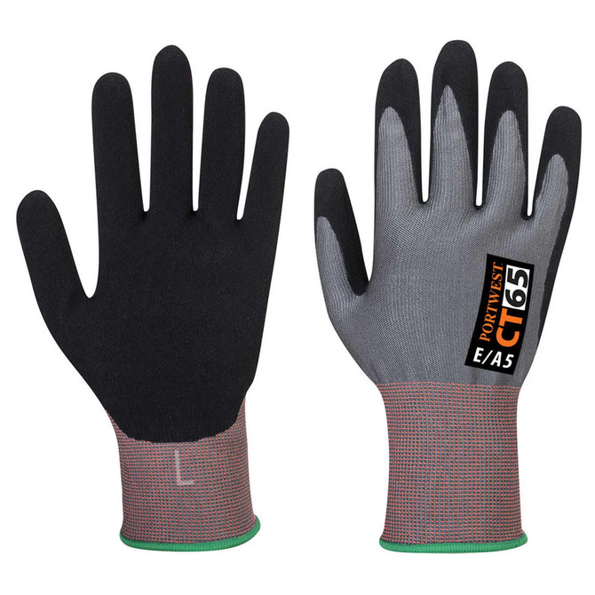 A pair of grey and black nitrile foam gloves with a textured grip. The gloves have a logo and branding on one side.