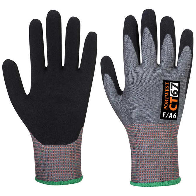 A pair of black and grey nitrile foam gloves with a textured grip and a green cuff. Features a logo.