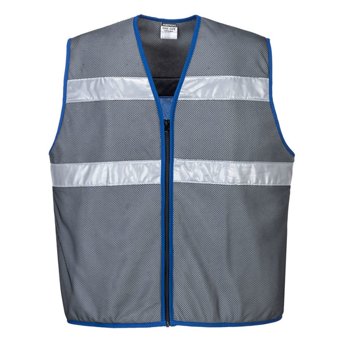 A grey mesh cooling vest with blue trim and reflective strips, featuring a front zipper. Branding is visible.