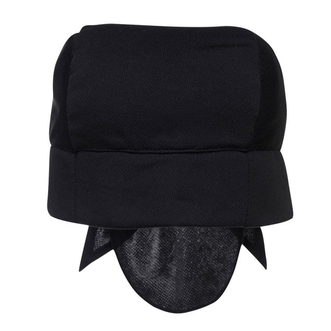 A black cooling headband with a mesh back and ear flaps, featuring a logo.