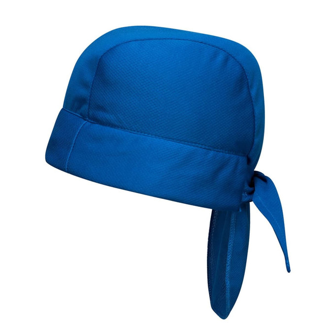 A blue cooling headband with a tied back design, featuring a textured fabric and a logo.