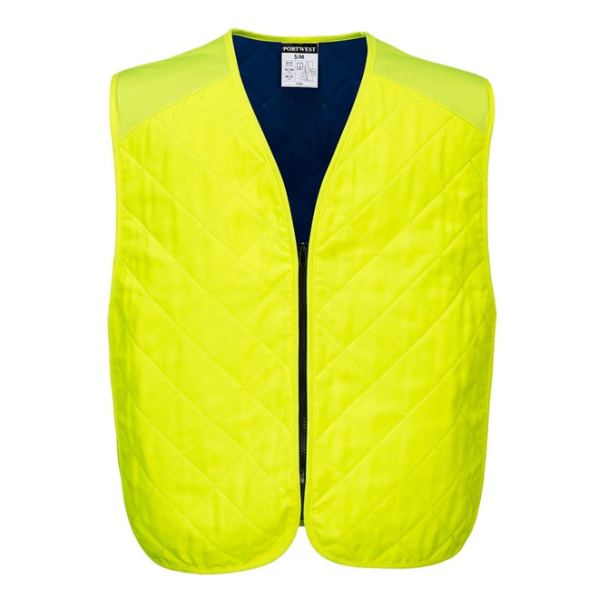 A bright yellow cooling evaporative vest with a diamond quilted pattern and a zip front. The interior is dark blue and features a logo.
