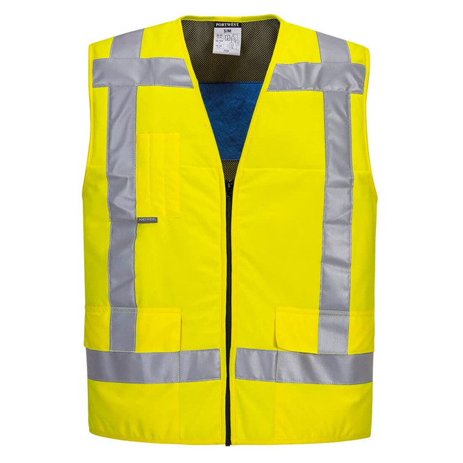 Hi-vis yellow cooling vest with silver reflective strips, featuring multiple pockets and a zip front. Includes a logo.