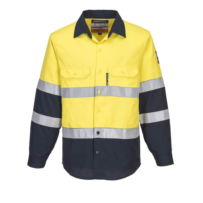 A high-visibility shirt featuring yellow and navy blue colours with reflective stripes, equipped with buttons and pockets.