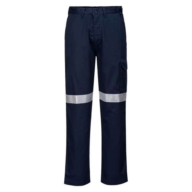 Navy pants featuring reflective stripes and a side pocket, designed for practical use. Includes a logo.