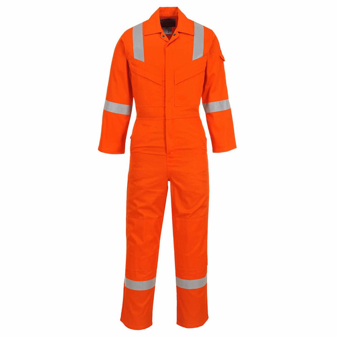 An orange FR antistatic coverall with reflective strips, designed for safety wear uniforms, featuring a logo.