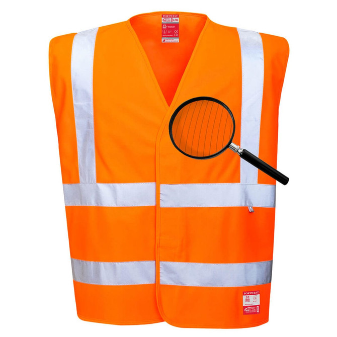 An orange antistatic work vest featuring reflective stripes and a logo, designed for safety in work environments.