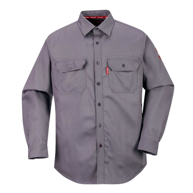 A grey work shirt with two chest pockets and long sleeves, featuring a logo on one sleeve.