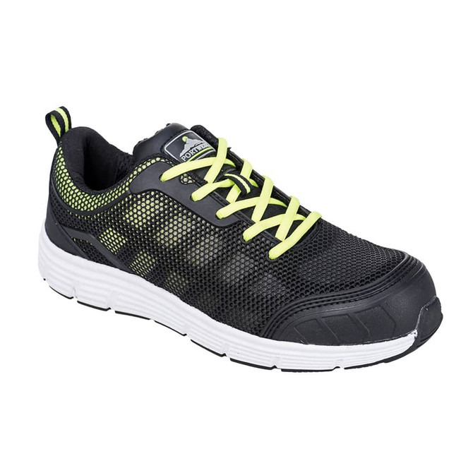 A pair of Steelite Tove Trainer S1P shoes in black with lime green accents and a white sole. Features a logo.