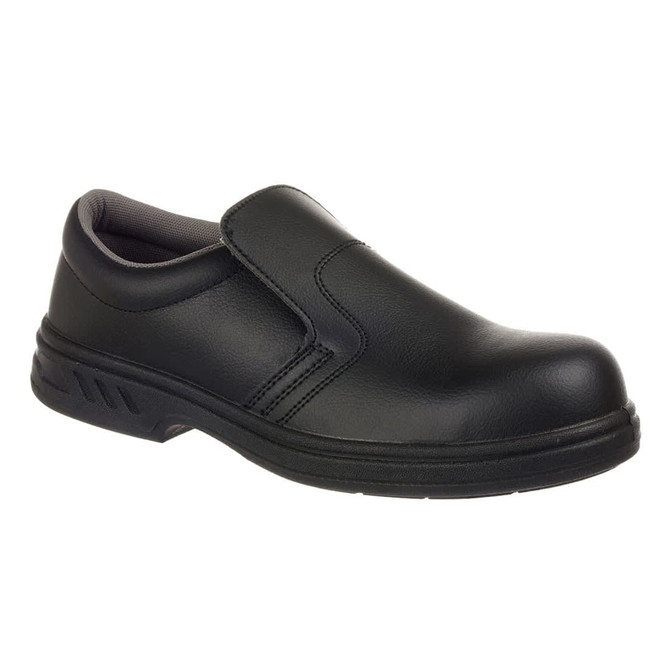 A black slip-on safety shoe with a sturdy design and a cushioned interior. Suitable for various work environments.