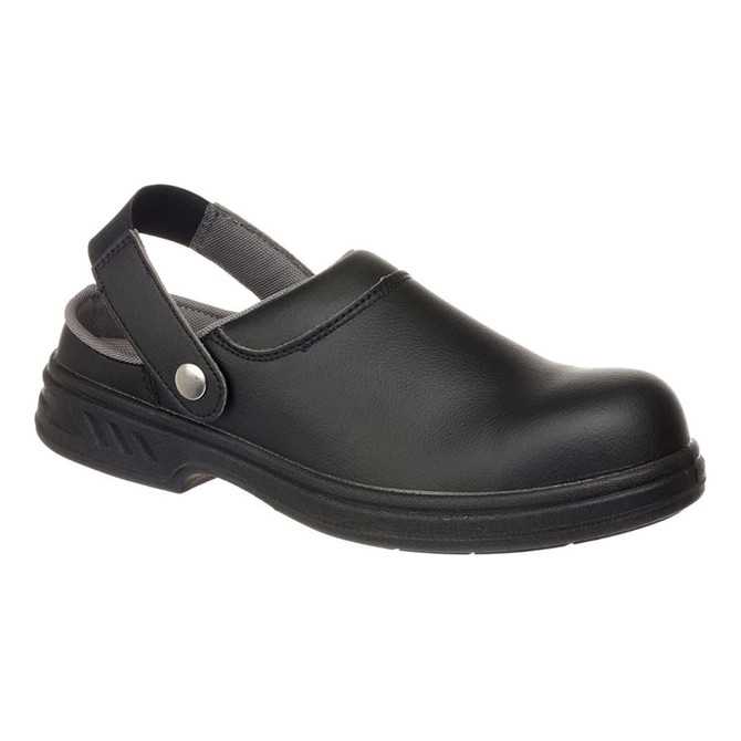 A black safety clog featuring a back strap and a sturdy sole, designed for safety wear. It has a logo on the side.