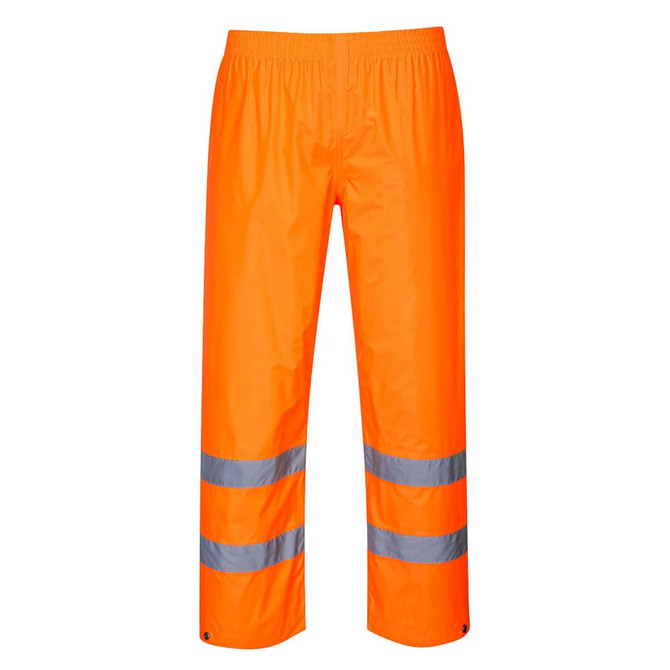 Hi-Vis rain trousers in bright orange with reflective stripes for enhanced visibility. Elasticated waist and full-length design.