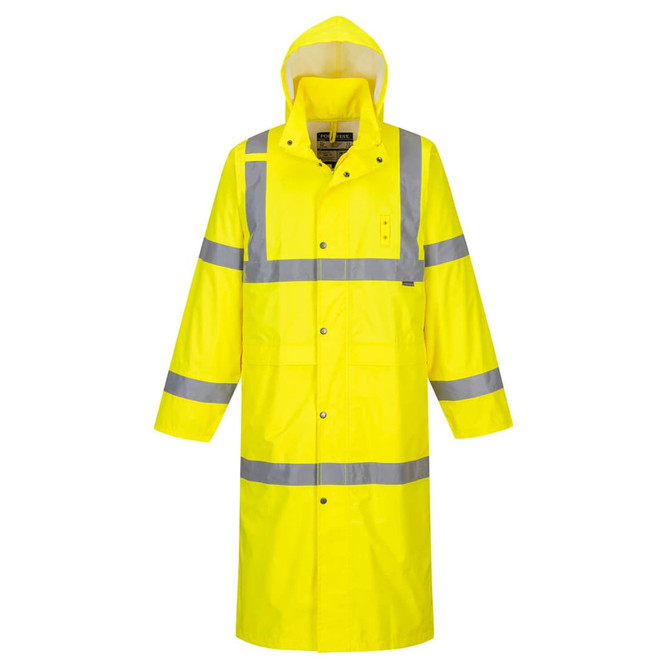 A high-visibility yellow coat with reflective strips, featuring a hood and long sleeves. It has a logo on the front.