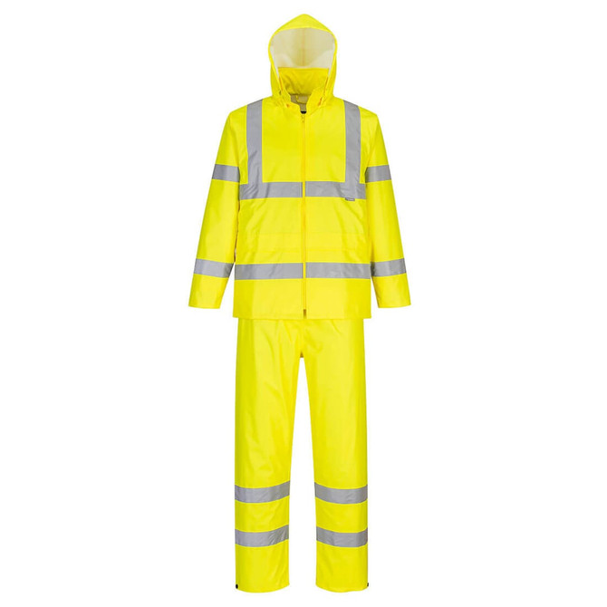 A bright yellow packaway rain suit with reflective stripes, including a hood and matching trousers.