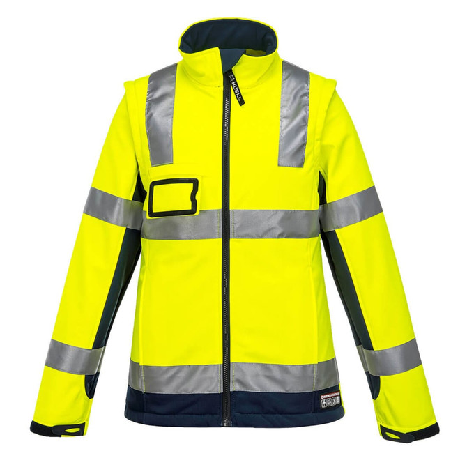 A high-visibility softshell jacket in neon yellow, featuring navy accents and reflective stripes. It has a front zipper and a logo.