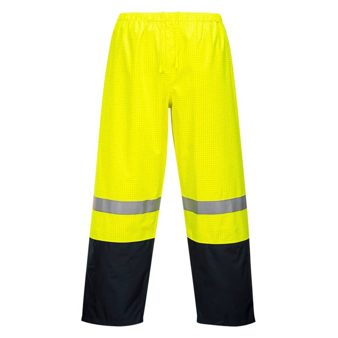 Bright yellow waterproof pants with reflective stripes and dark navy sections at the bottom. Includes an elastic waistband.