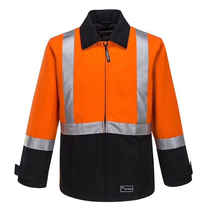 A work jacket featuring a vibrant orange upper with reflective strips and a black lower section, complete with a logo.