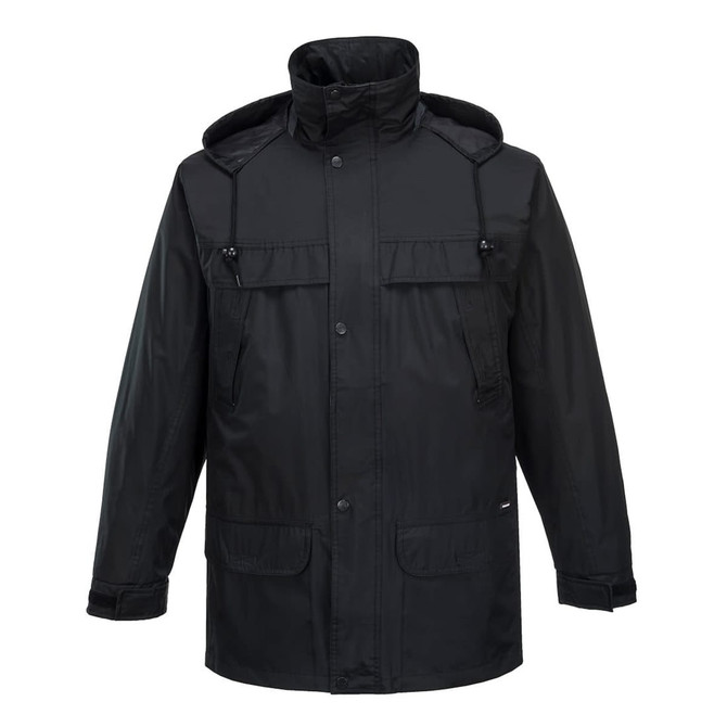 A black classic jacket featuring a hood, multiple pockets, and a front button closure. It includes a logo on the fabric.