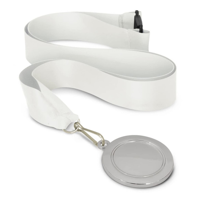 A silver podium medal with a 50mm round design attached to a white ribbon.
