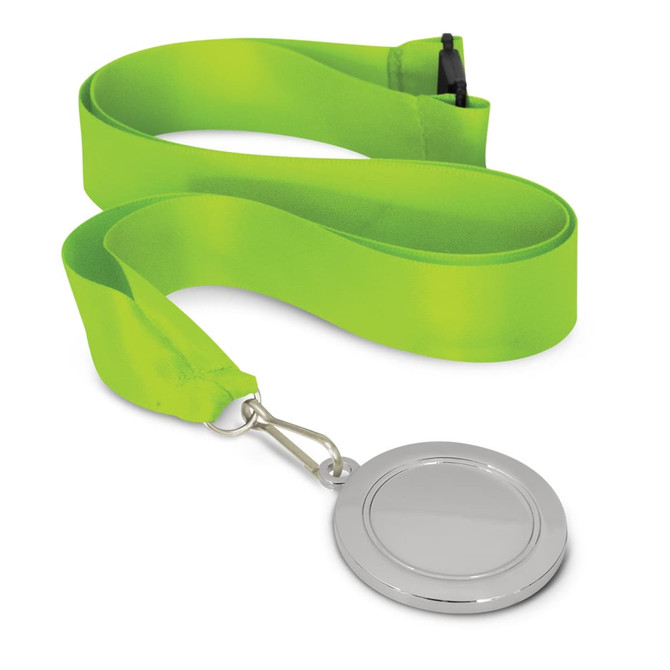 A podium medal featuring a 50mm circular metal plate and a bright green satin ribbon for wearing.