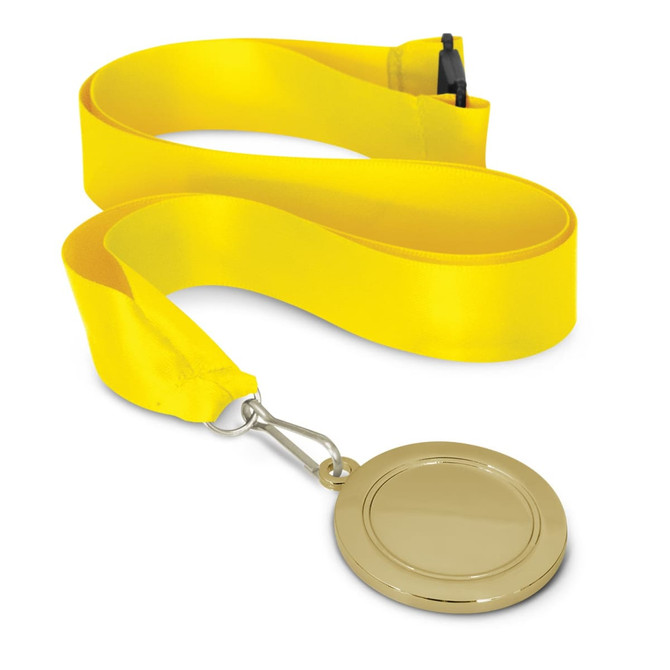 A podium medal with a 50mm gold-colored circular medallion attached to a bright yellow ribbon.