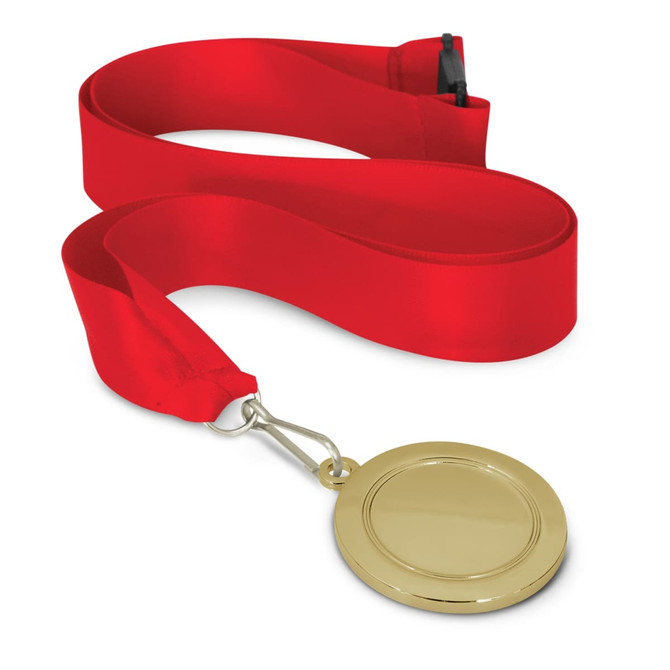 A gold podium medal with a 50mm diameter attached to a red ribbon.