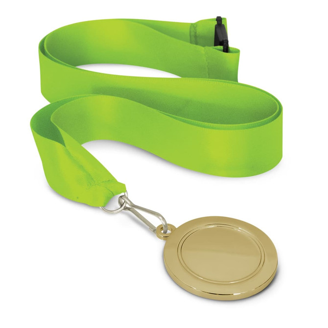 A gold podium medal with a blank center, attached to a vibrant green ribbon.