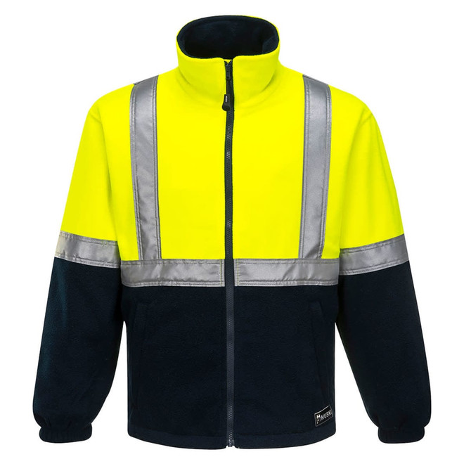A polar fleece jumper in fluorescent yellow and navy, featuring reflective stripes and a zip-up collar.