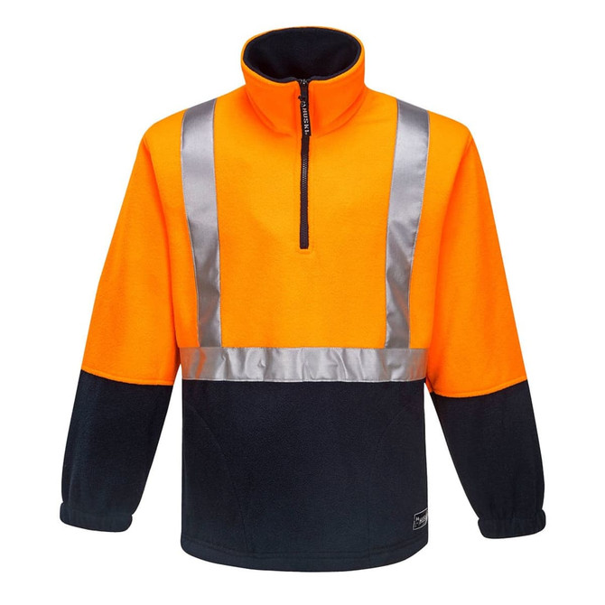 A bright orange and navy fleece top with reflective strips and a half-zip collar. It has a logo on the sleeve.
