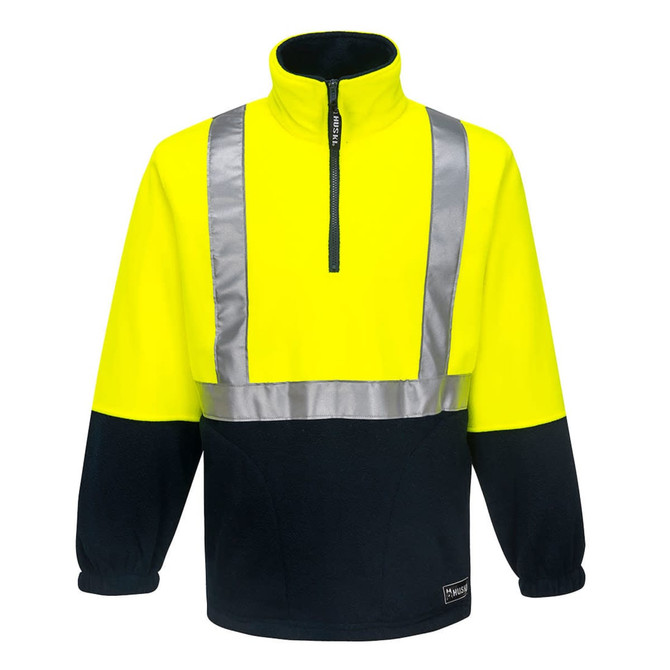 A high-visibility fleece top in fluorescent yellow with navy accents and reflective stripes, featuring a zip collar and brand logo.
