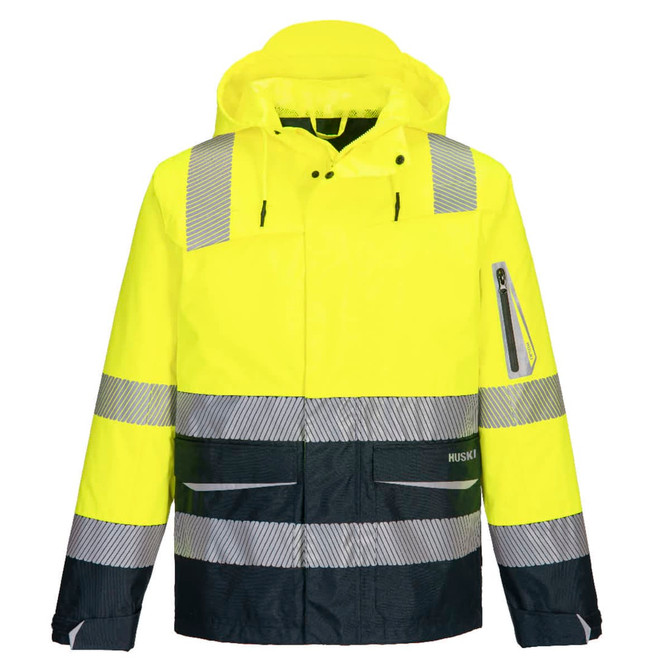 Hi-vis men's shell jacket in yellow with reflective stripes and a hood, featuring zippered pockets and a logo.