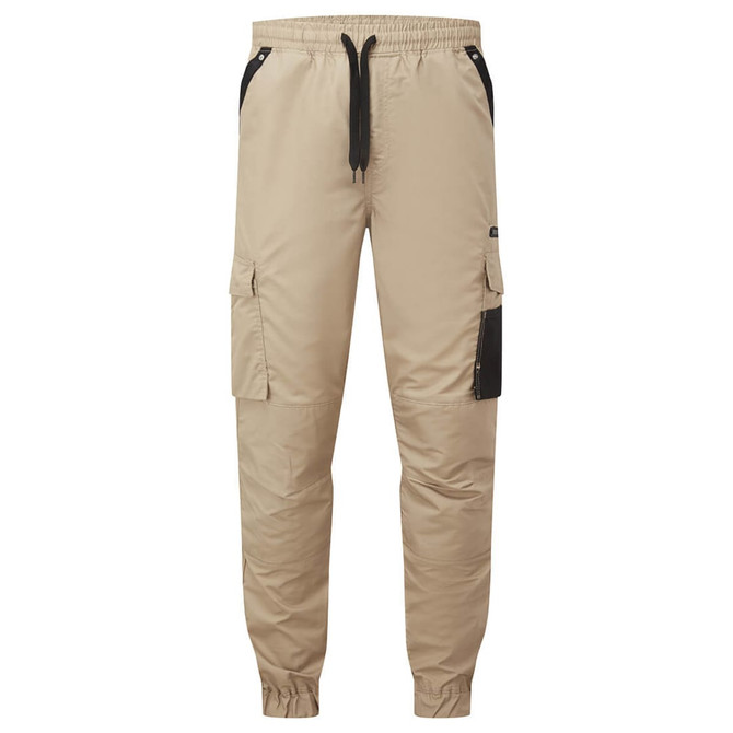 Beige lightweight pants with cargo pockets and an elastic waistband, featuring a logo on the side.