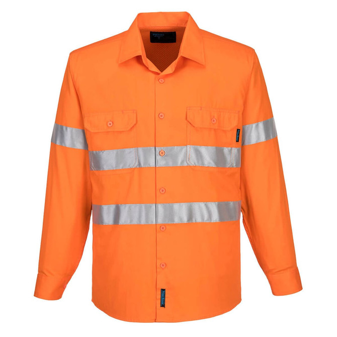 A long-sleeve orange work shirt featuring silver reflective stripes and a logo.