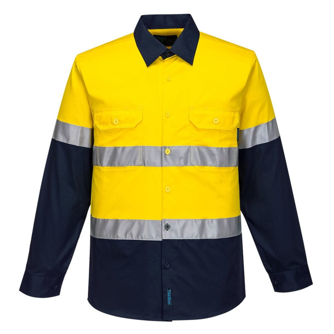 Lightweight long-sleeve shirt in bright yellow and navy, featuring reflective stripes and a collar. Includes two front pockets and branding.